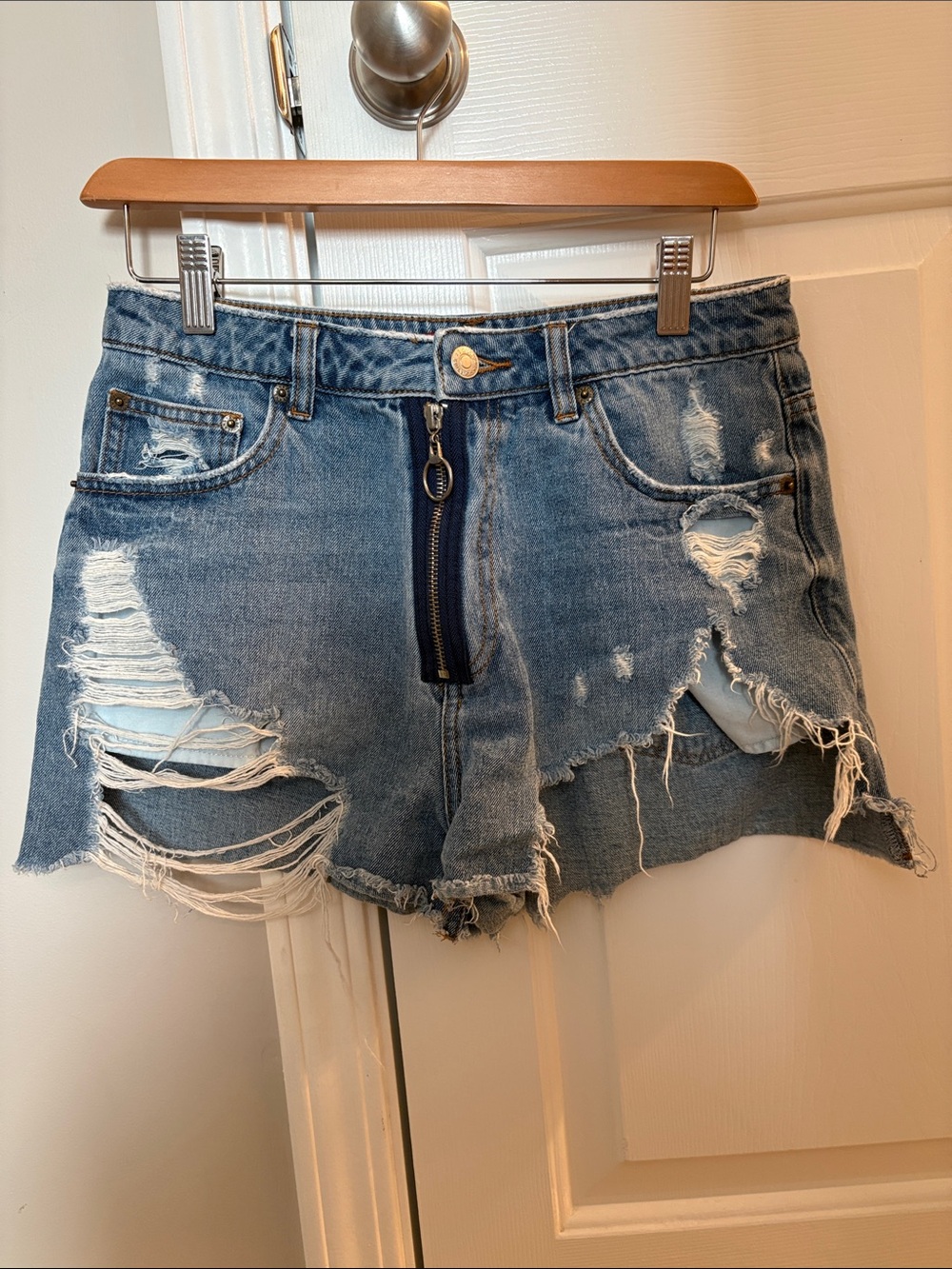Distressed High Waisted Denim Women's Shorts with Front Zip